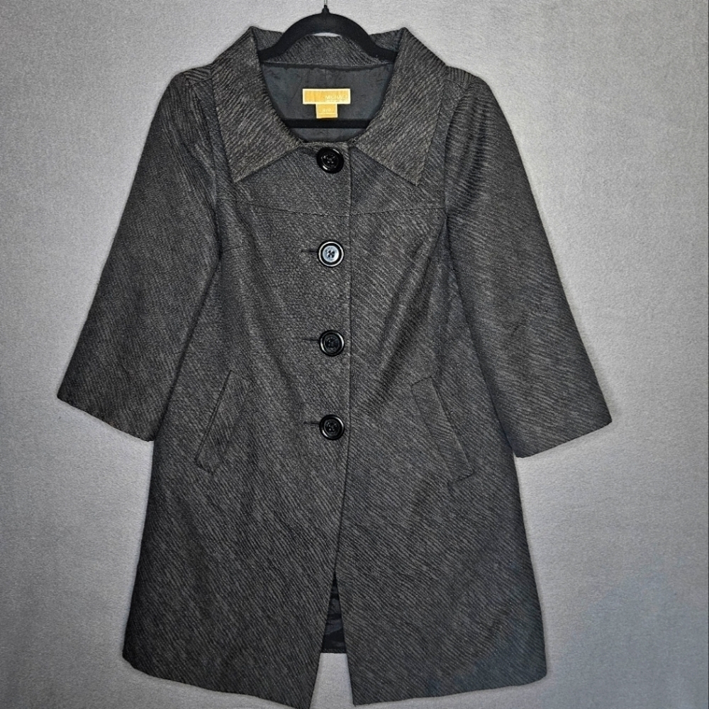 Michael Kors Women's Small 3/4 Sleeve Peacoat Dresscoat Black Vintage Textured